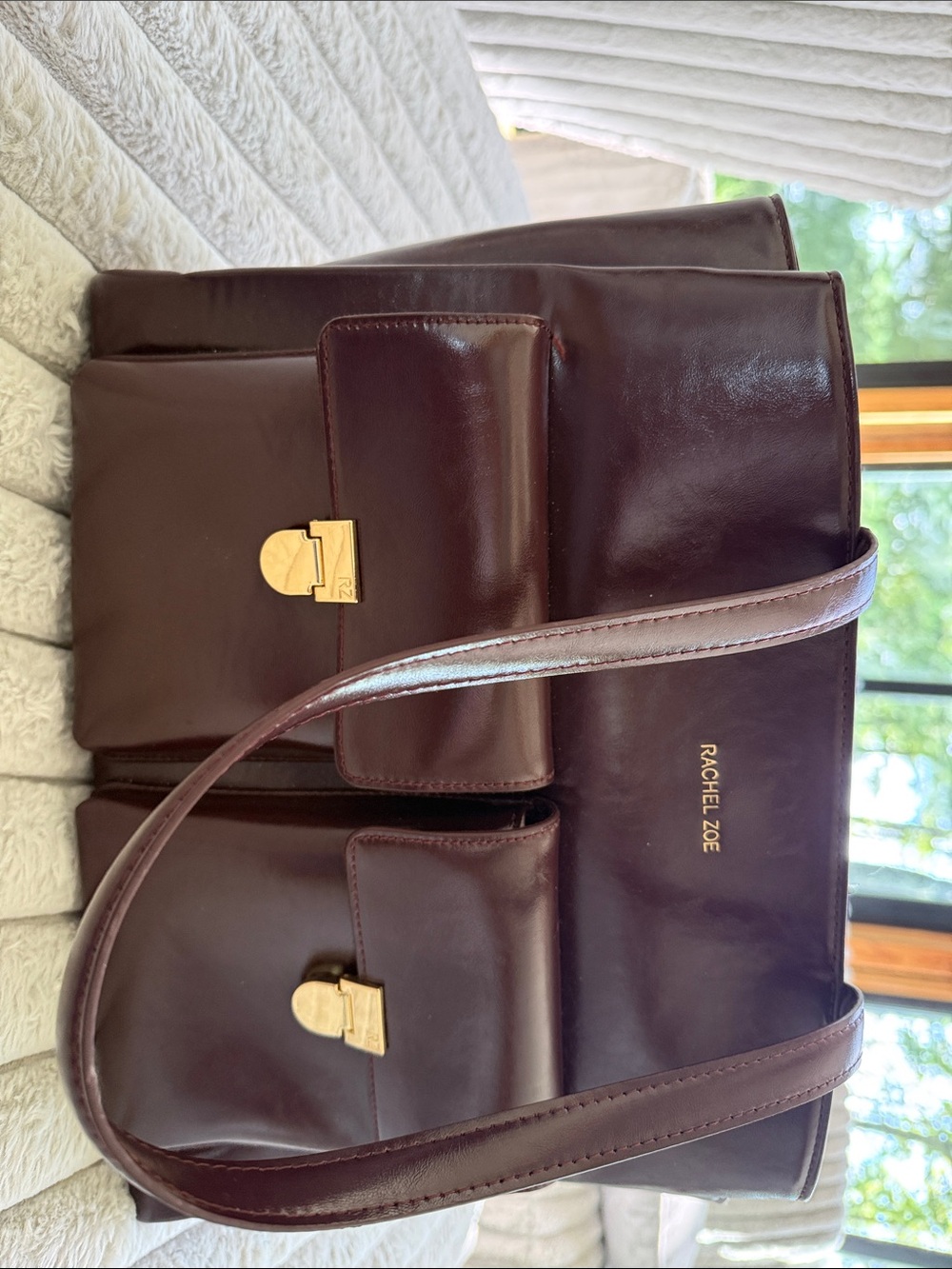 Rachel Zoe Deep Burgundy Leather Laptop Tote with Gold Hardware